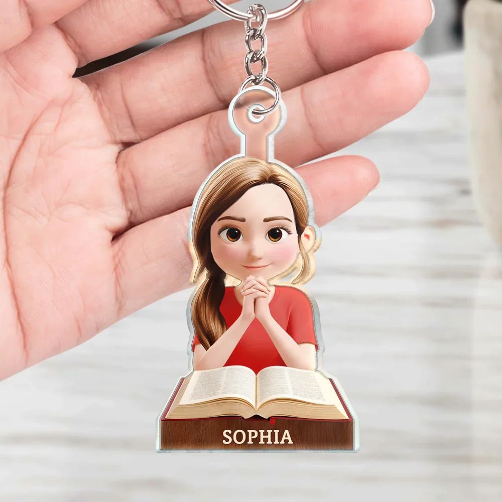 Praying Woman Girl With Open Bible - Personalized Acrylic Keychain - Image 4