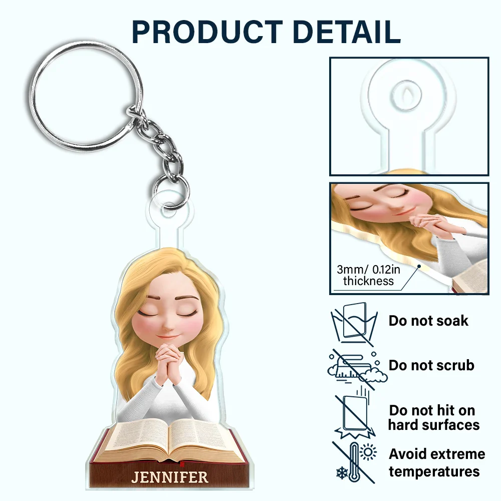 Praying Woman Girl With Open Bible - Personalized Acrylic Keychain - Image 6