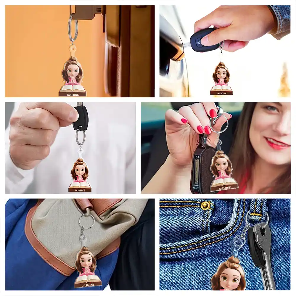 Praying Woman Girl With Open Bible - Personalized Acrylic Keychain - Image 7