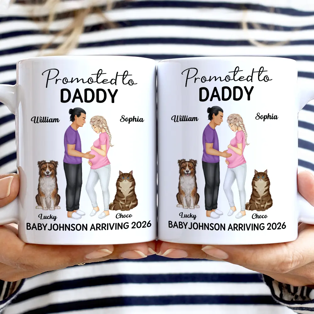 Promoted To Mommy & Daddy Baby Arriving - Personalized White Edge-to-Edge Mug - Image 2