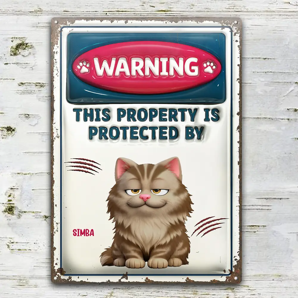 Property Is Protected By Funny Cat - Personalized Classic Metal Signs - Image 2
