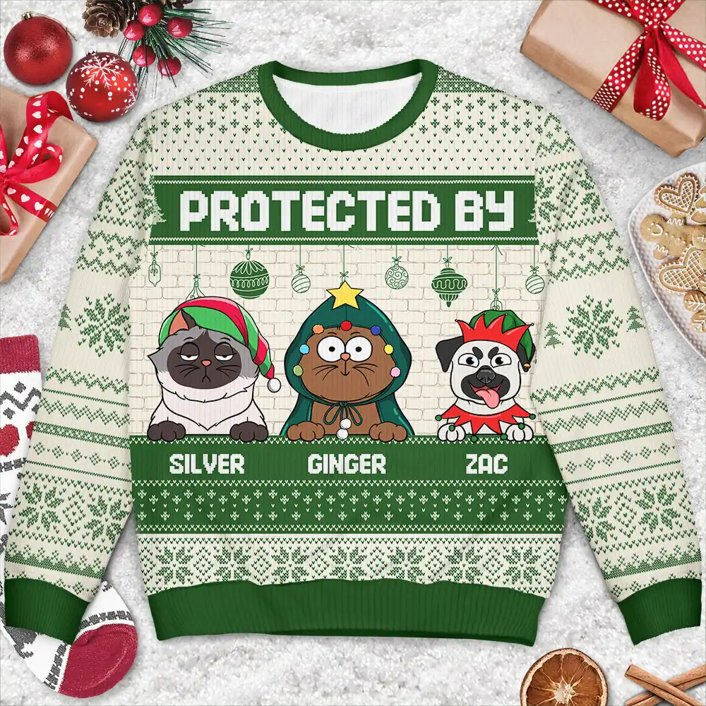 Protected By Dogs And Cats Funny Pet - Personalized Unisex Ugly Sweater - Image 3