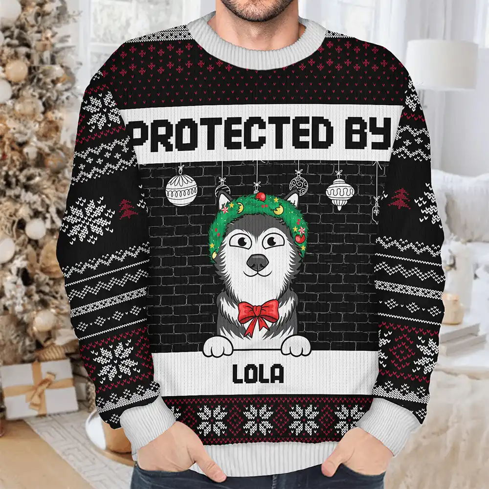 Protected By Dogs And Cats Funny Pet - Personalized Unisex Ugly Sweater - Image 4