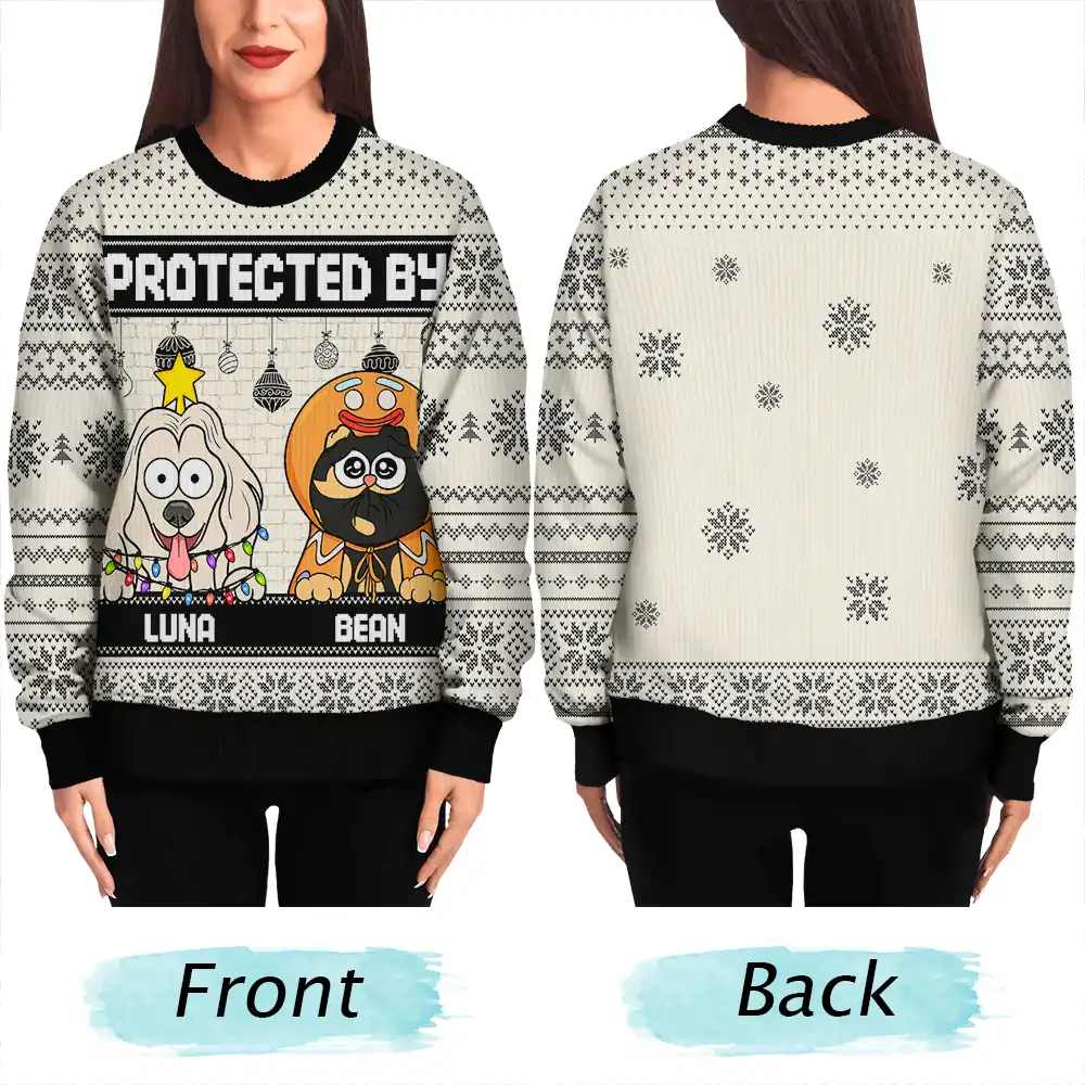 Protected By Dogs And Cats Funny Pet - Personalized Unisex Ugly Sweater - Image 5