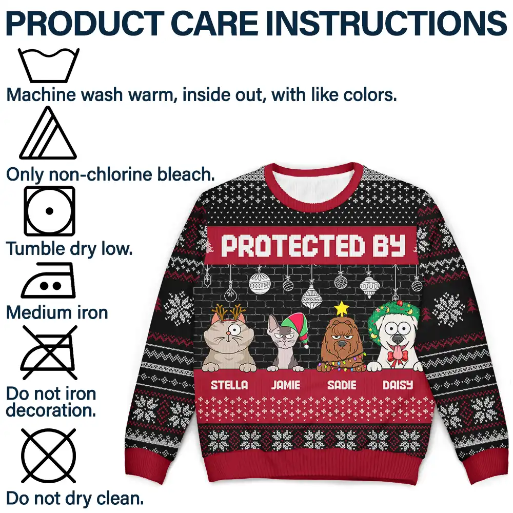 Protected By Dogs And Cats Funny Pet - Personalized Unisex Ugly Sweater - Image 7