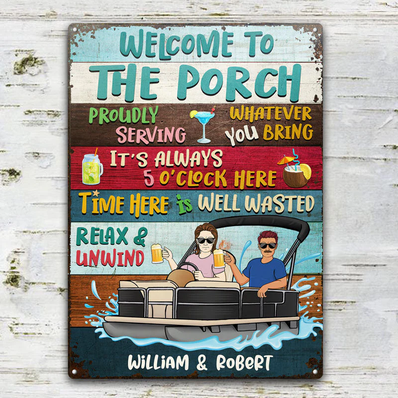 Proudly Serving Whatever You Bring Pontoon Lake Life - Couple Gift - Custom Classic Metal Signs - Image 2