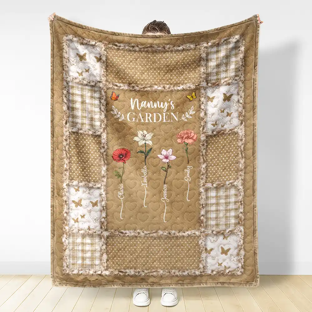 Quilt Pattern Birth Month Flower Grandmas Garden - Personalized Fleece Blanket, Sherpa Blanket - Image 3