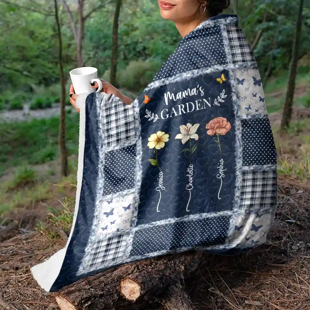 Quilt Pattern Birth Month Flower Grandmas Garden - Personalized Fleece Blanket, Sherpa Blanket - Image 4