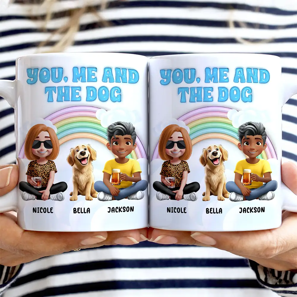 Rainbow You, Me And The Dog - 3D Inflated Effect Printed Mug, Personalized White Edge-to-Edge Mug - Image 2