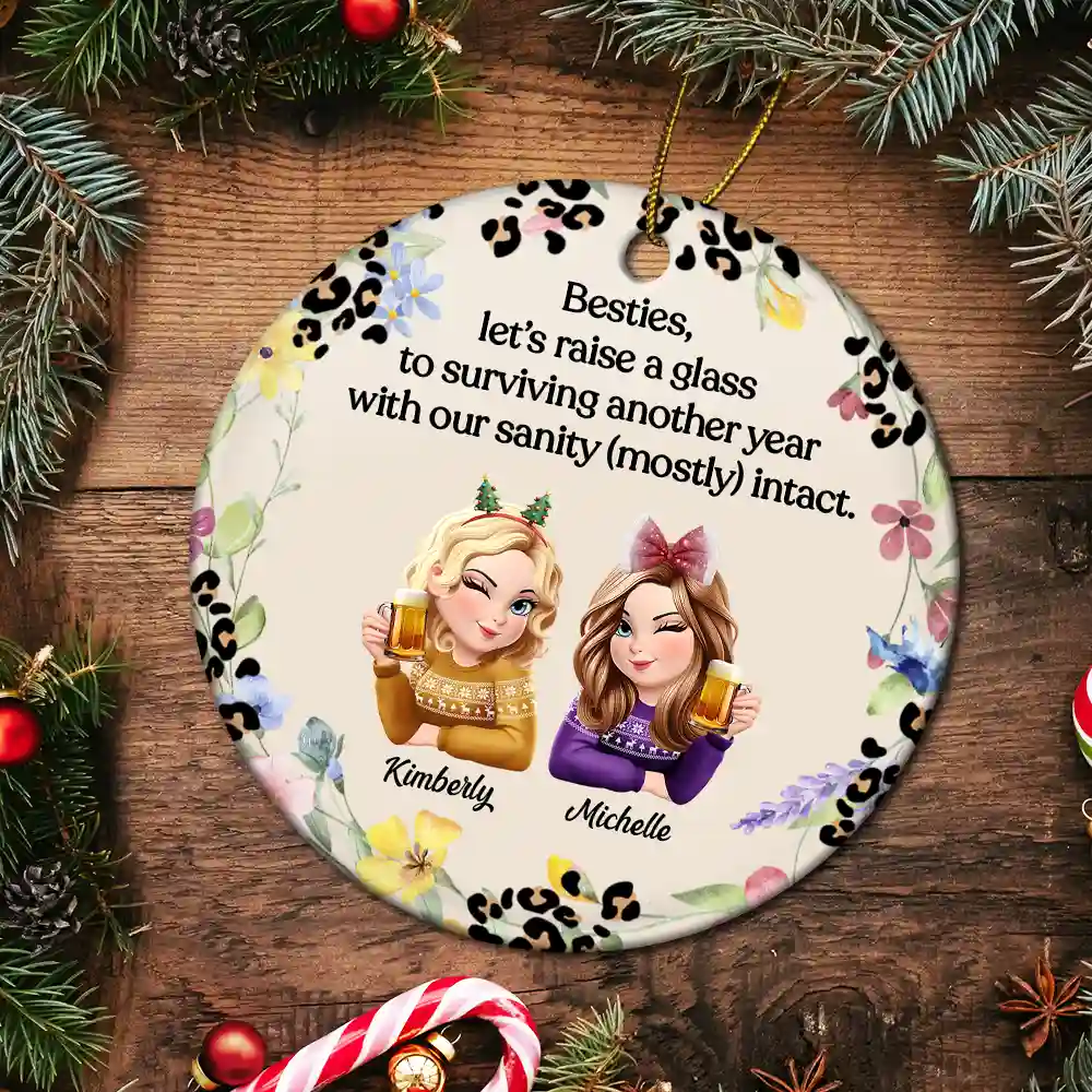 Raise A Glass To Surviving - Personalized Circle Ceramic Ornament - Image 5