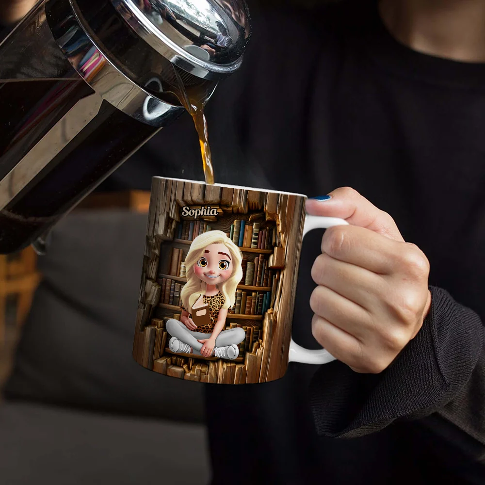 Reading 3D Effect Girl Who Loves Books - Personalized White Edge-to-Edge Mug - Image 4