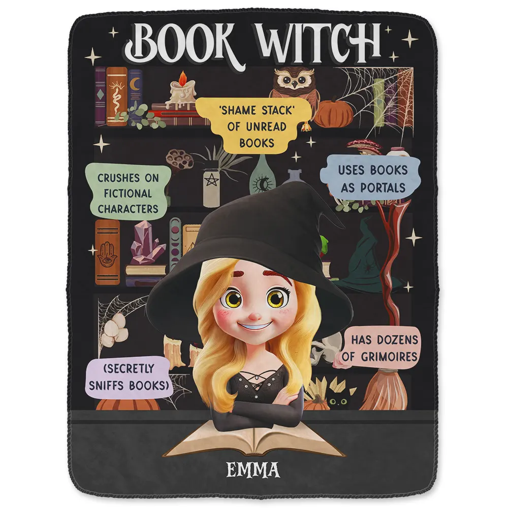 Reading Book Witch Blanket - Personalized Fleece Blanket, Sherpa Blanket - Image 2