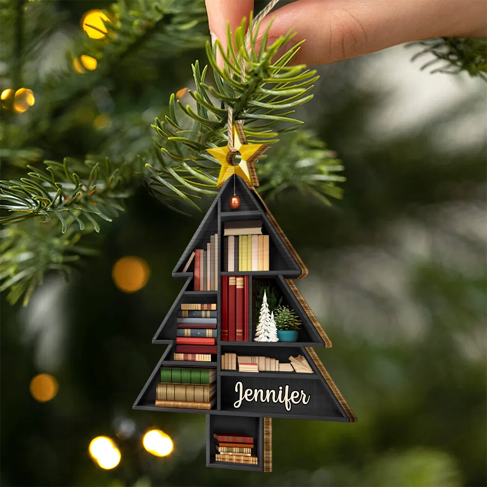 Reading Bookshelves Christmas Tree Shape - Personalized Custom Shaped Wooden Ornament - Image 2