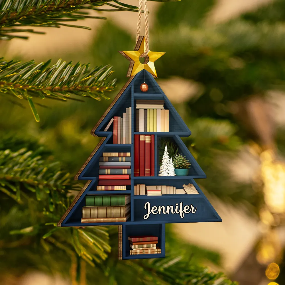 Reading Bookshelves Christmas Tree Shape - Personalized Custom Shaped Wooden Ornament - Image 3