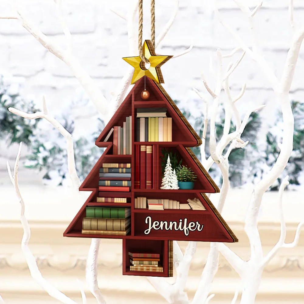 Reading Bookshelves Christmas Tree Shape - Personalized Custom Shaped Wooden Ornament - Image 4