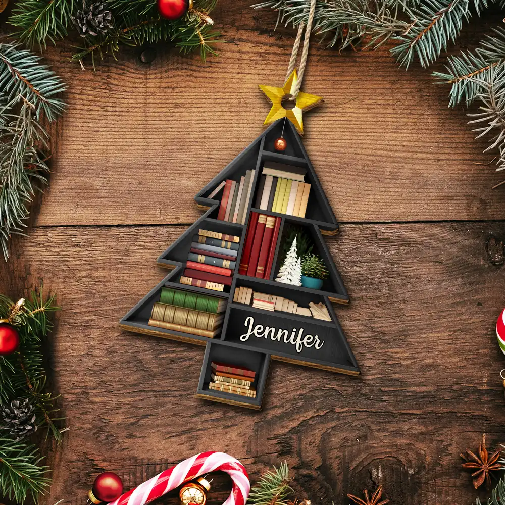 Reading Bookshelves Christmas Tree Shape - Personalized Custom Shaped Wooden Ornament - Image 5