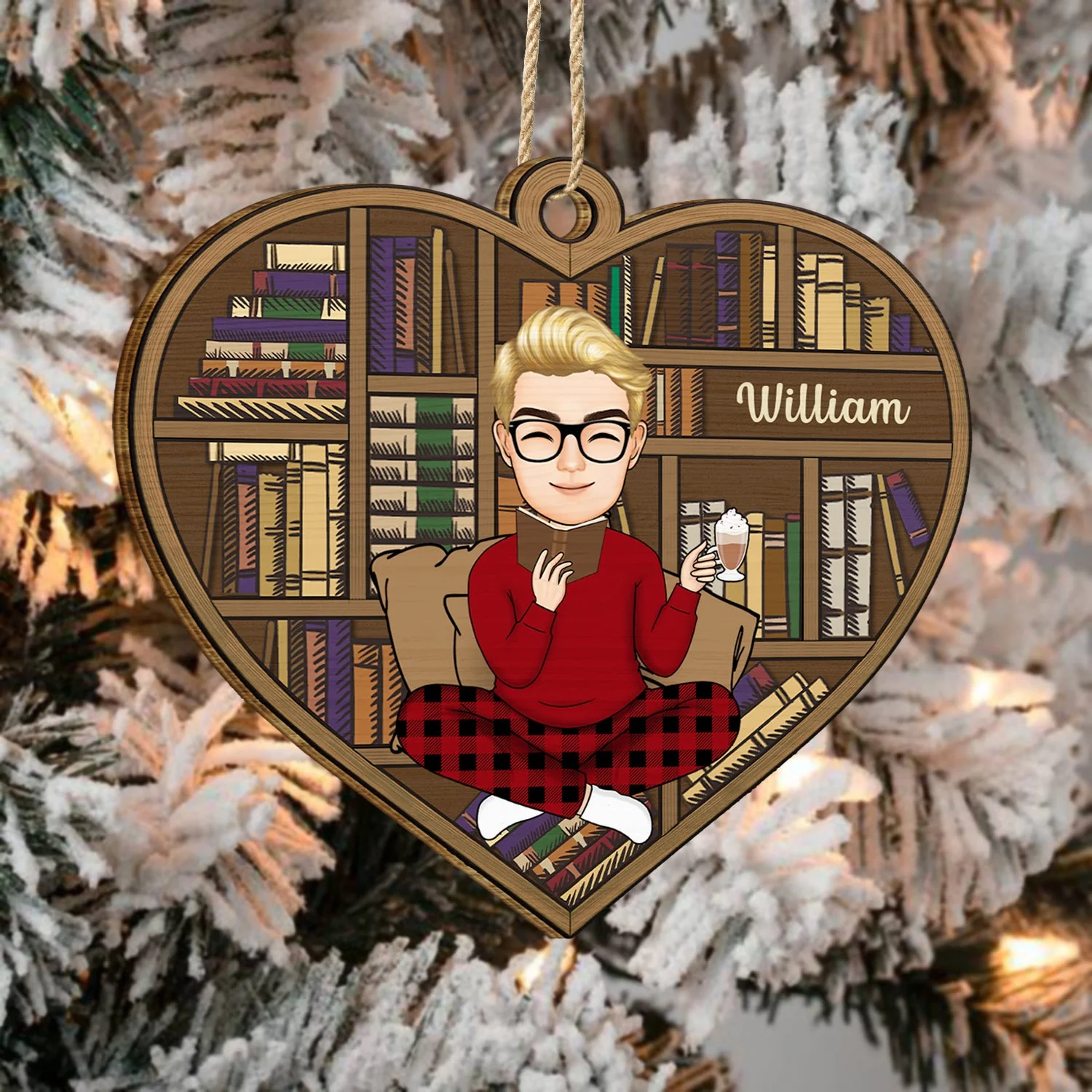 Reading Cartoon Girl Boy Book Lovers - Gift For Reading Lovers - Personalized Custom Shaped Wooden Ornament - Image 4