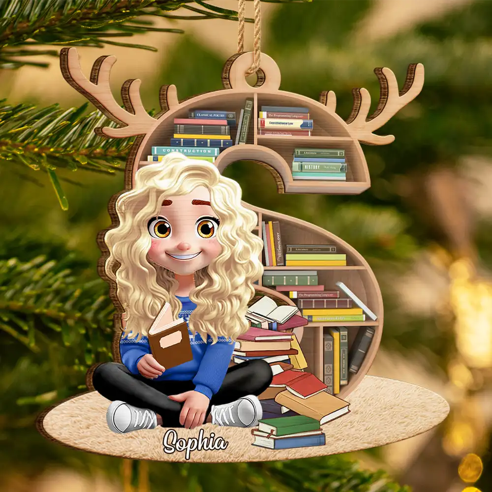 Reading Girl Monogram Bookish Keepsake - Personalized Custom Shaped Wooden Ornament - Image 3