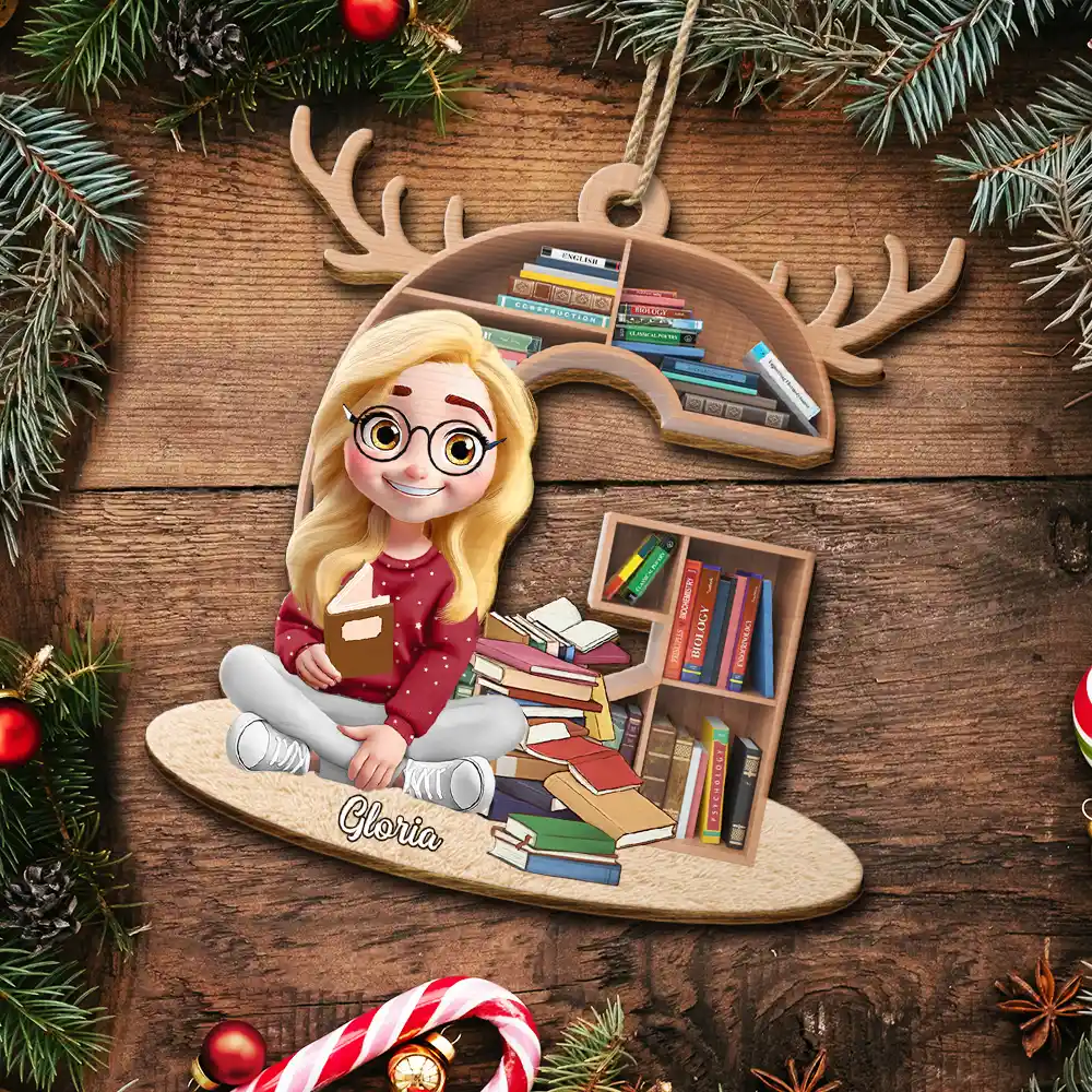 Reading Girl Monogram Bookish Keepsake - Personalized Custom Shaped Wooden Ornament - Image 5