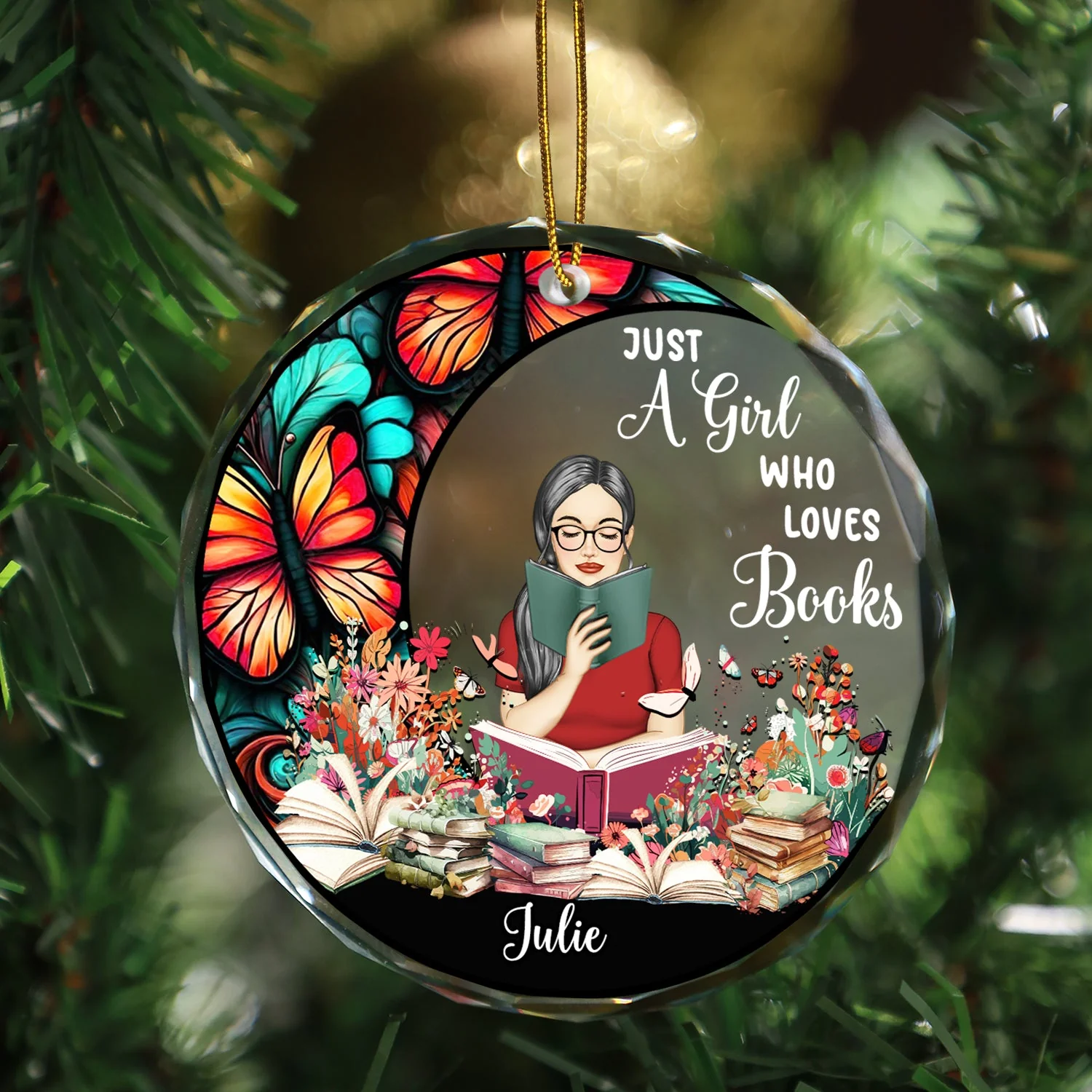 Reading Girl Who Loves Books - Personalized Circle Glass Ornament - Image 3