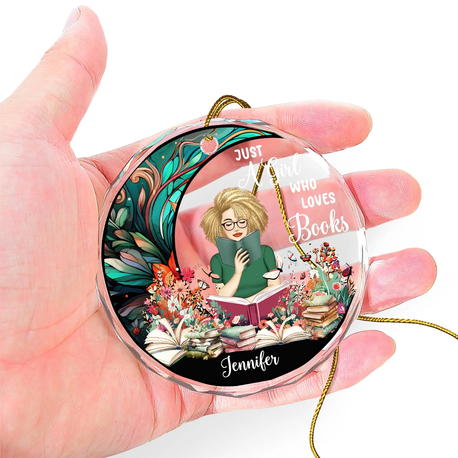 Reading Girl Who Loves Books - Personalized Circle Glass Ornament - Image 4