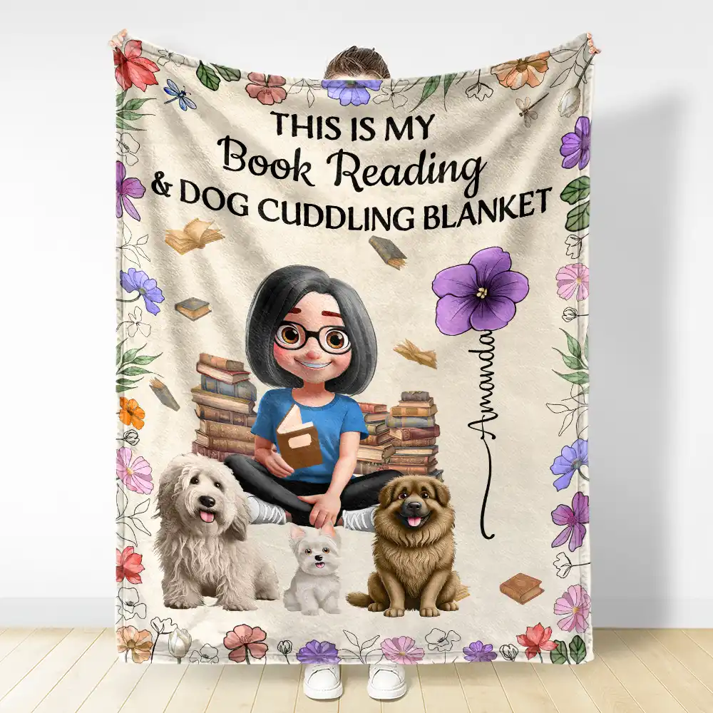 Reading Girl Who Loves Books & Pets Birth Month Flower - Personalized Fleece Blanket, Sherpa Blanket - Image 3
