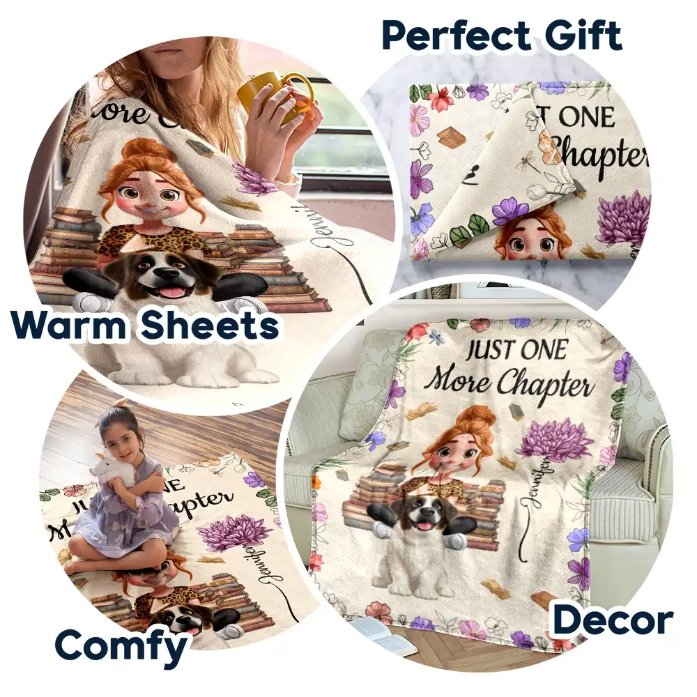 Reading Girl Who Loves Books & Pets Birth Month Flower - Personalized Fleece Blanket, Sherpa Blanket - Image 7