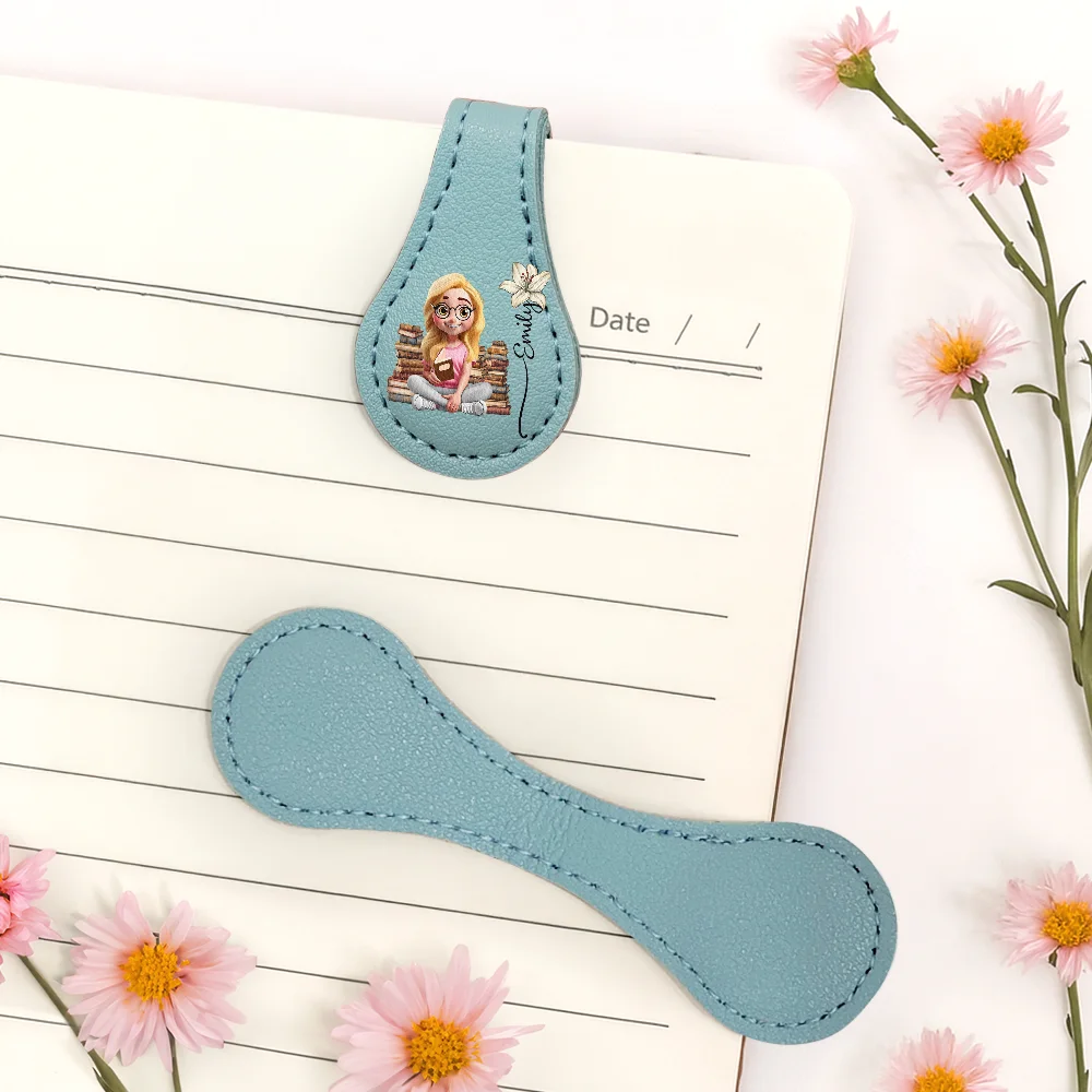 Reading Girl With Birth Month Flower - Personalized Circle Leather Magnetic Bookmark - Image 5