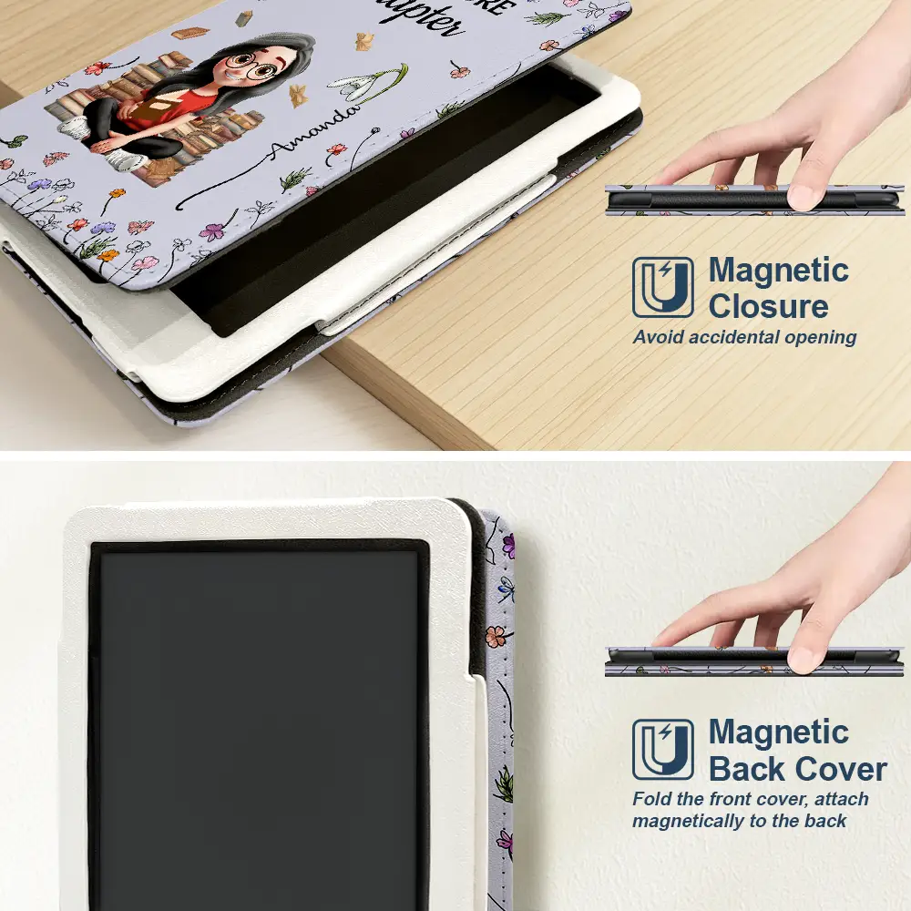 Reading Girl With Birth Month Flower - Personalized Kindle Paperwhite Case Kickstand - Image 2