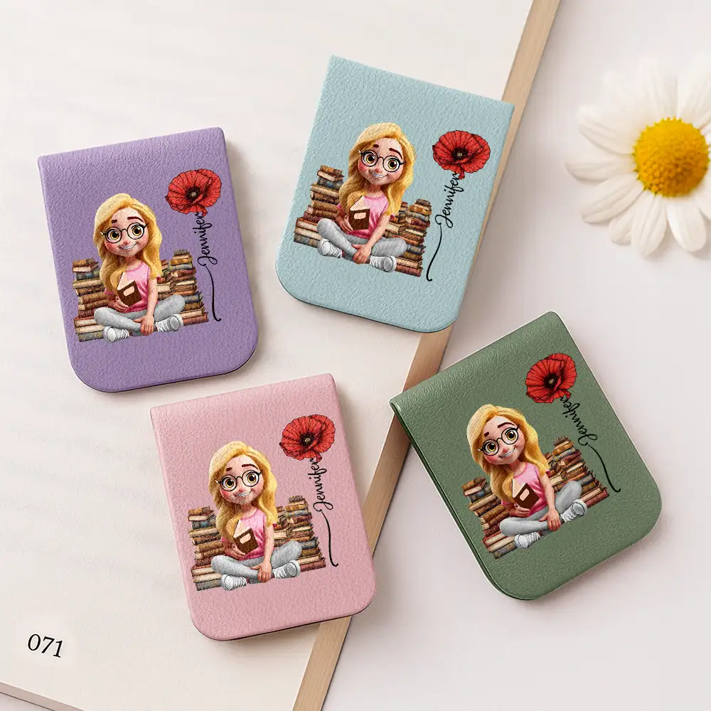 Reading Girl With Birth Month Flower - Personalized Leather Magnetic Bookmark - Image 2