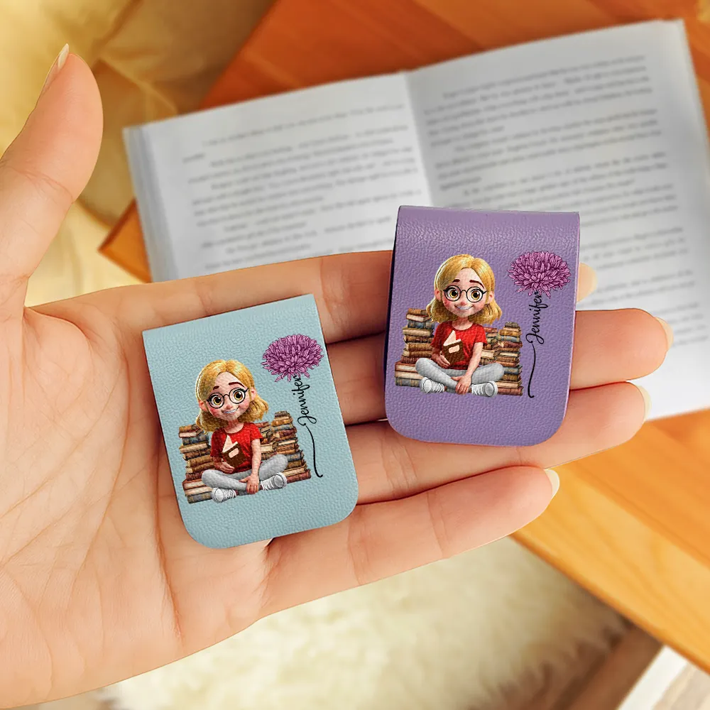Reading Girl With Birth Month Flower - Personalized Leather Magnetic Bookmark - Image 3