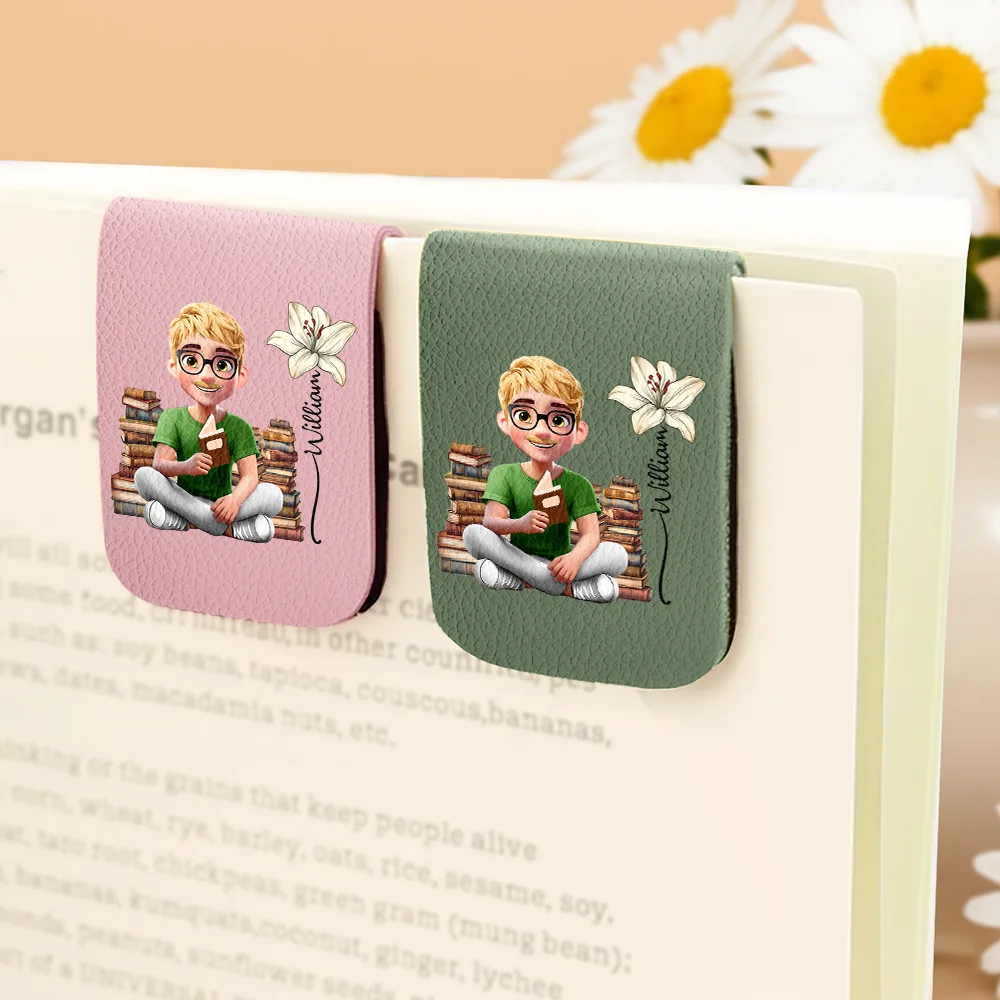 Reading Girl With Birth Month Flower - Personalized Leather Magnetic Bookmark - Image 4