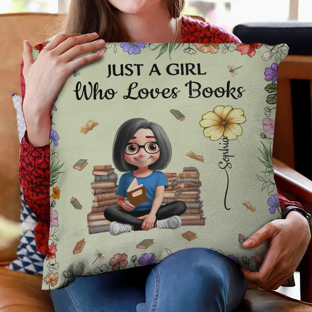 Reading Girl With Birth Month Flower - Personalized Pillow - Image 2