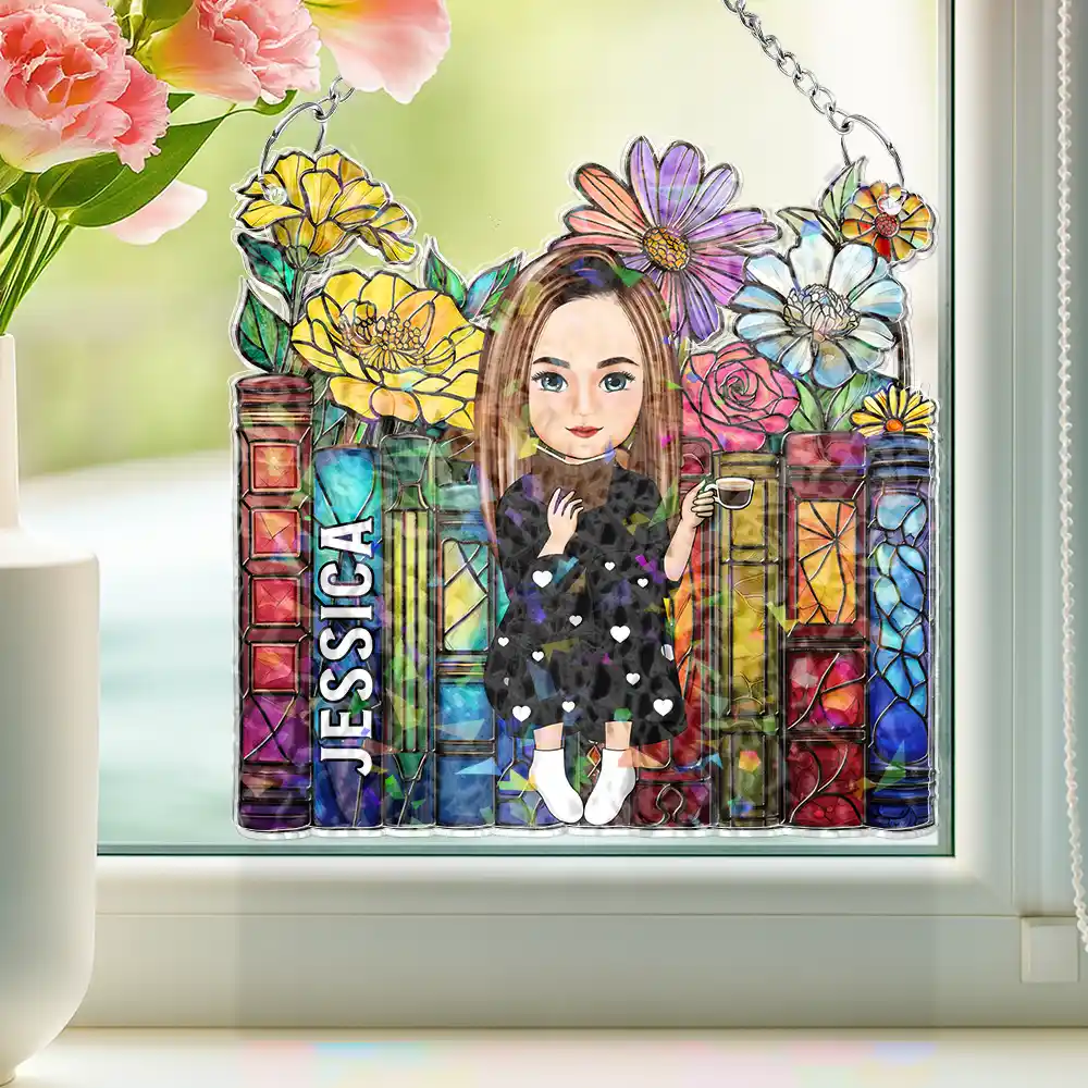 Reading Girl With Books - Personalized Window Corner Suncatcher - Image 2