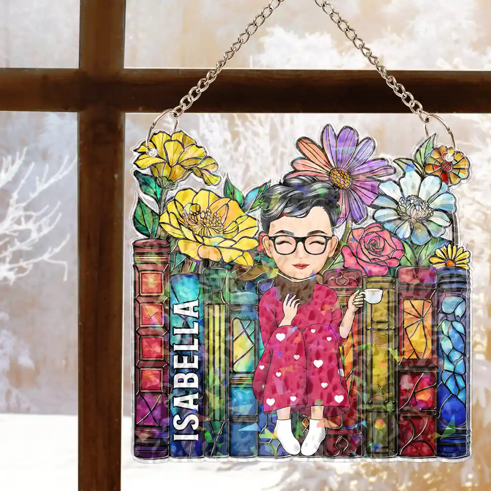 Reading Girl With Books - Personalized Window Corner Suncatcher - Image 5