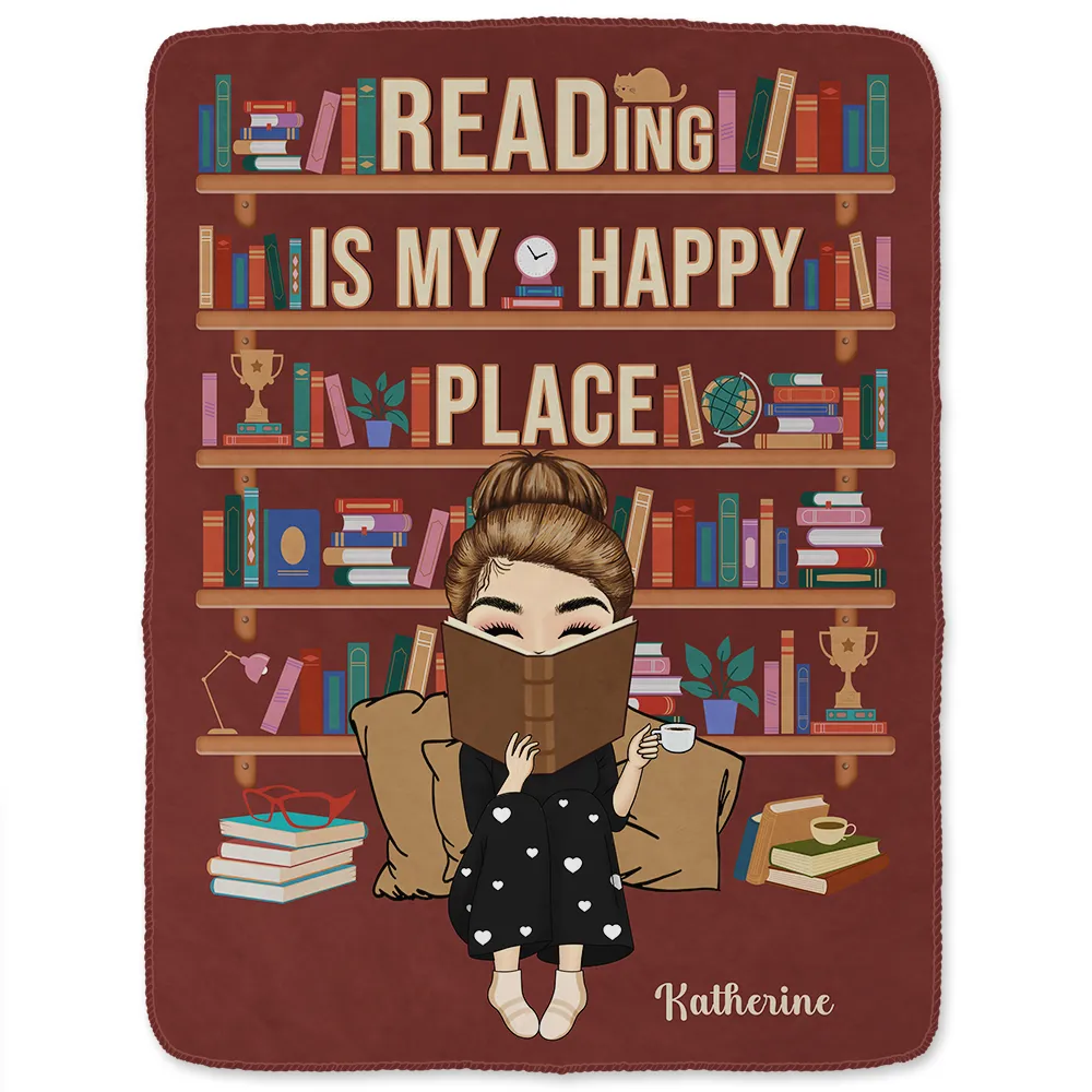 Reading Is My Happy Place - Personalized Fleece Blanket, Sherpa Blanket - Image 2