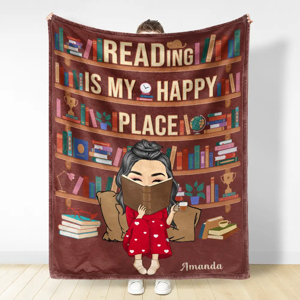 Reading Is My Happy Place - Personalized Fleece Blanket, Sherpa Blanket - Image 3