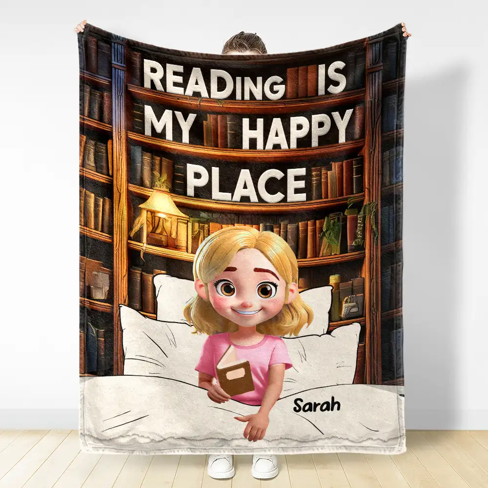 Reading Is My Happy Place - Personalized Fleece Blanket, Sherpa Blanket - Image 3