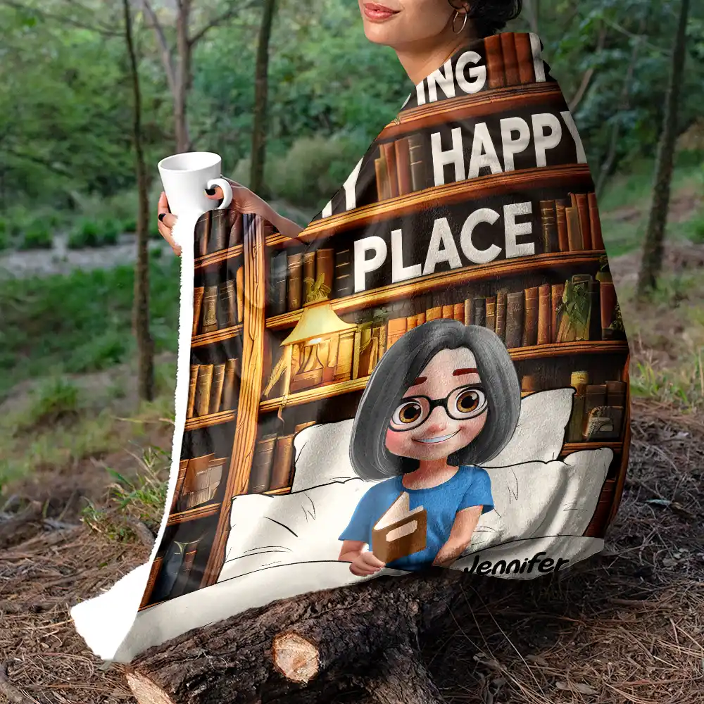 Reading Is My Happy Place - Personalized Fleece Blanket, Sherpa Blanket - Image 5