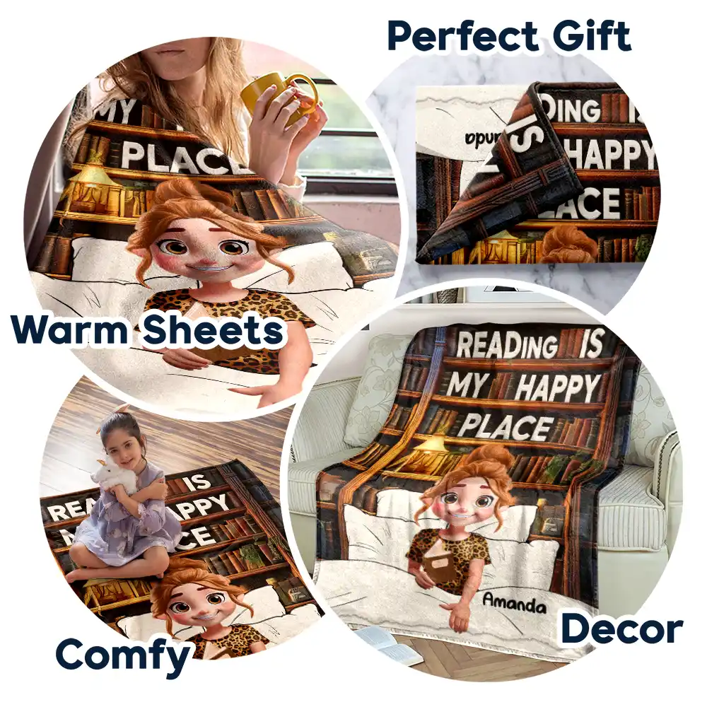 Reading Is My Happy Place - Personalized Fleece Blanket, Sherpa Blanket - Image 7