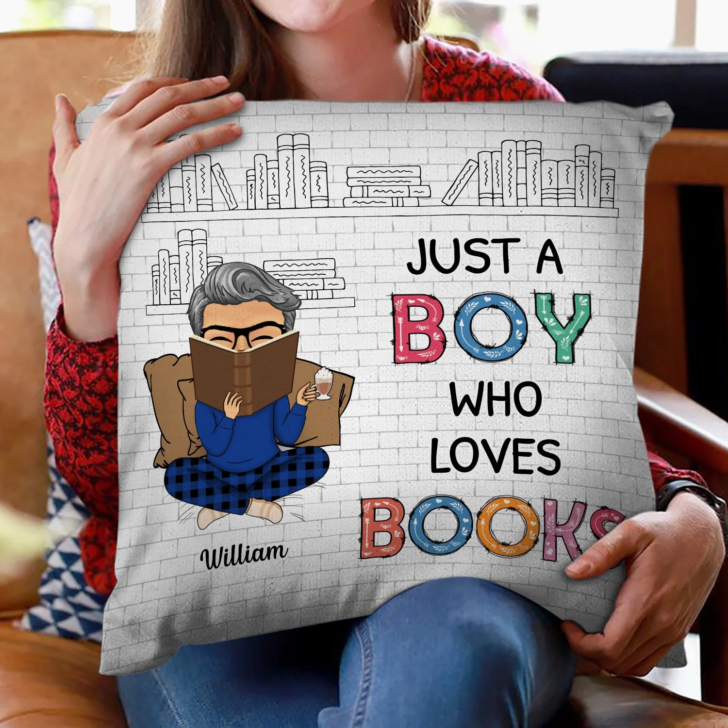 Reading Just A Girl Boy Who Loves Books Sketch - Personalized Custom Pillow - Image 2