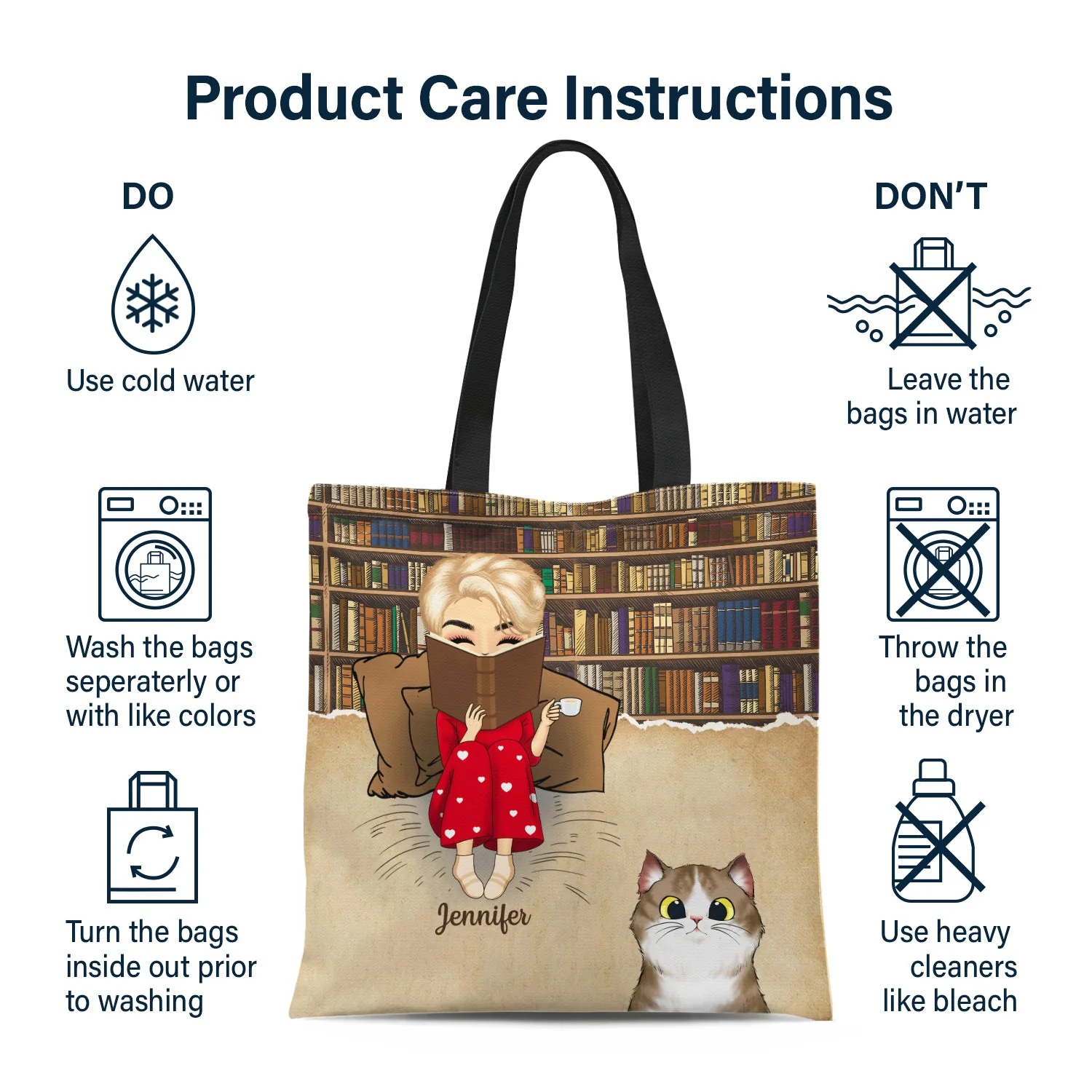 Reading Just A Girl Who Loves Books And Cats - Gift For Cat Lovers - Personalized Zippered Canvas Bag - Image 6