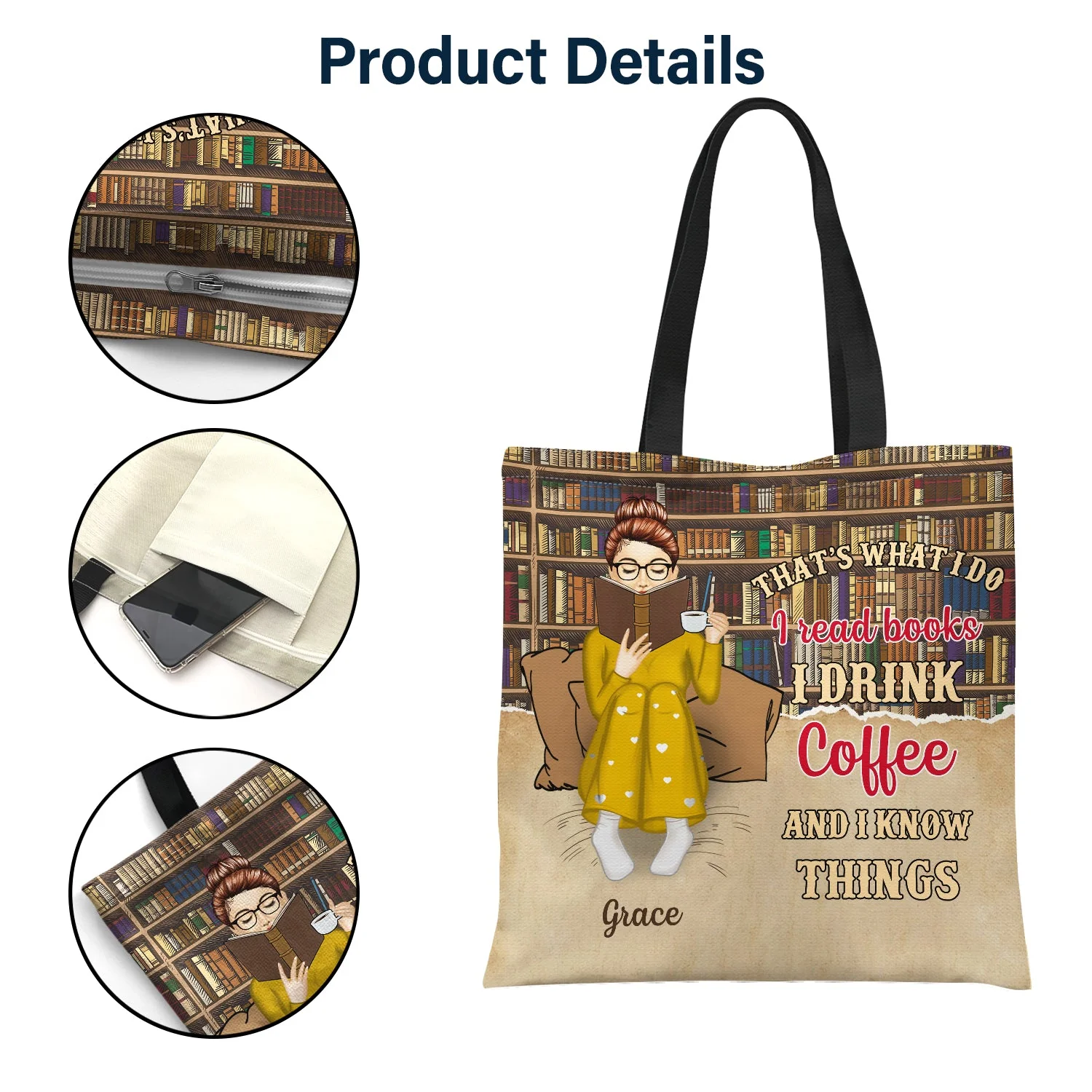 Reading Just A Girl Who Loves Books Bag - Gift For Book Lovers - Personalized Zippered Canvas Bag - Image 5