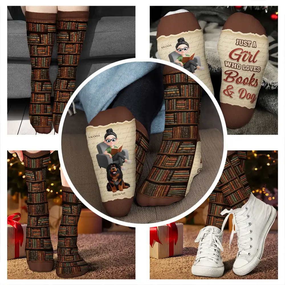 Reading Just A Girl Who Loves Books & Dogs Cats 3D Effect - Personalized Socks - Image 4