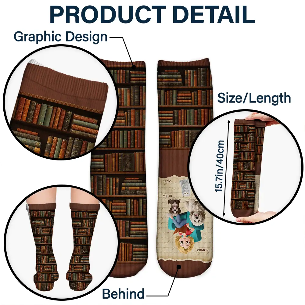 Reading Just A Girl Who Loves Books & Dogs Cats 3D Effect - Personalized Socks - Image 5