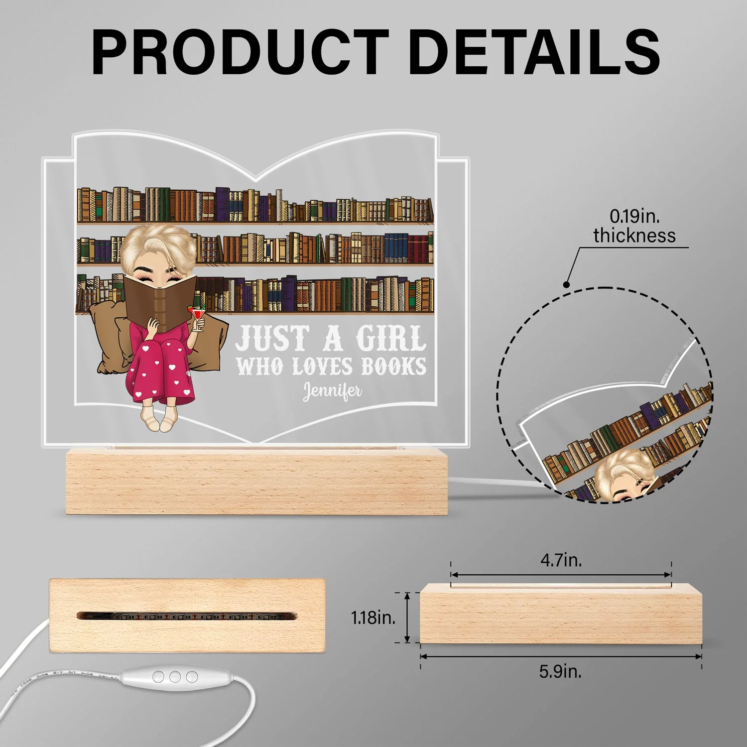 Reading Just A Girl Who Loves Books - Gift For Book Lovers, Gift For Yourself - Personalized Custom 3D Led Light Wooden Base - Image 5