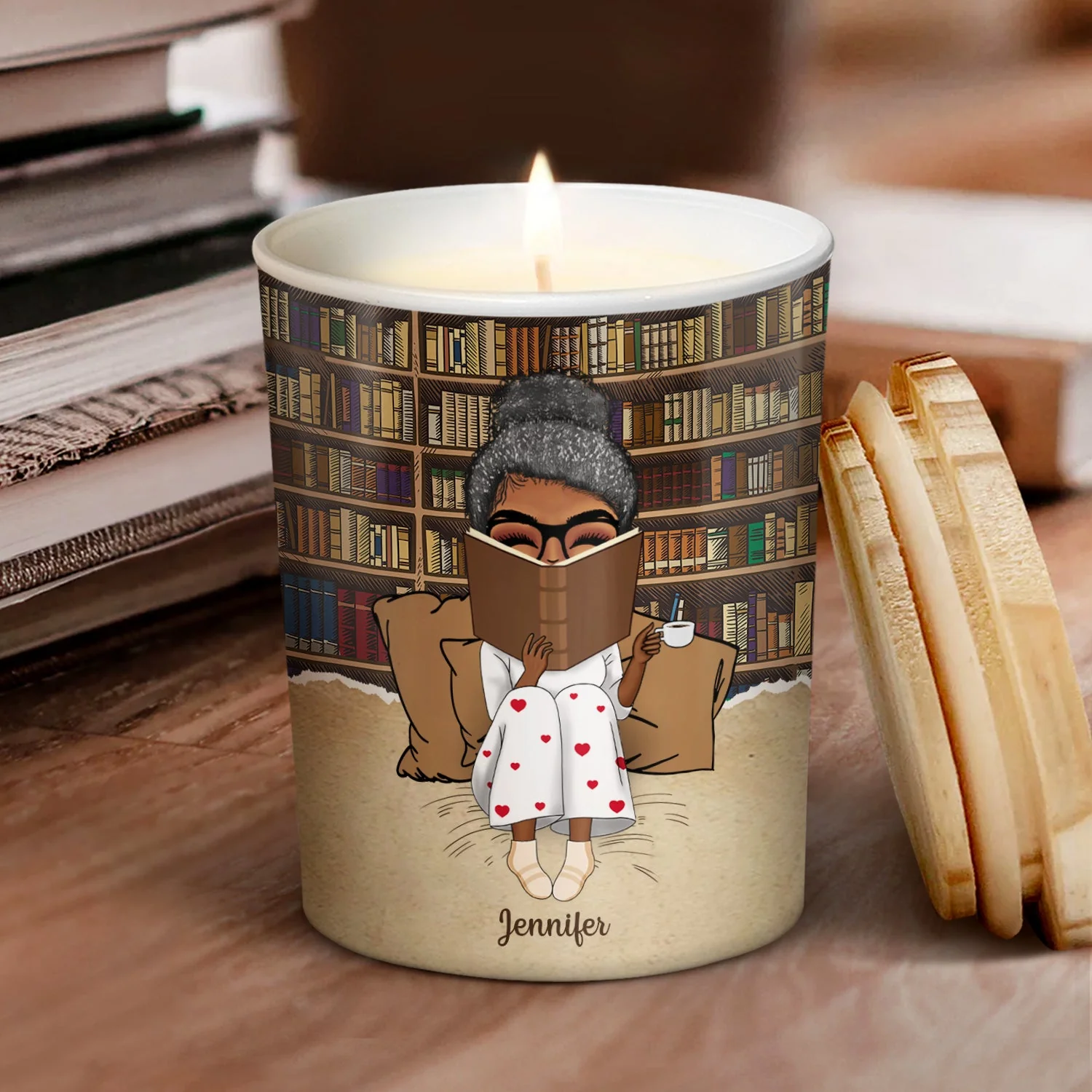 Reading Just A Girl Who Loves Books - Gift For Book Lovers - Personalized Scented Candle With Wooden Lid - Image 2