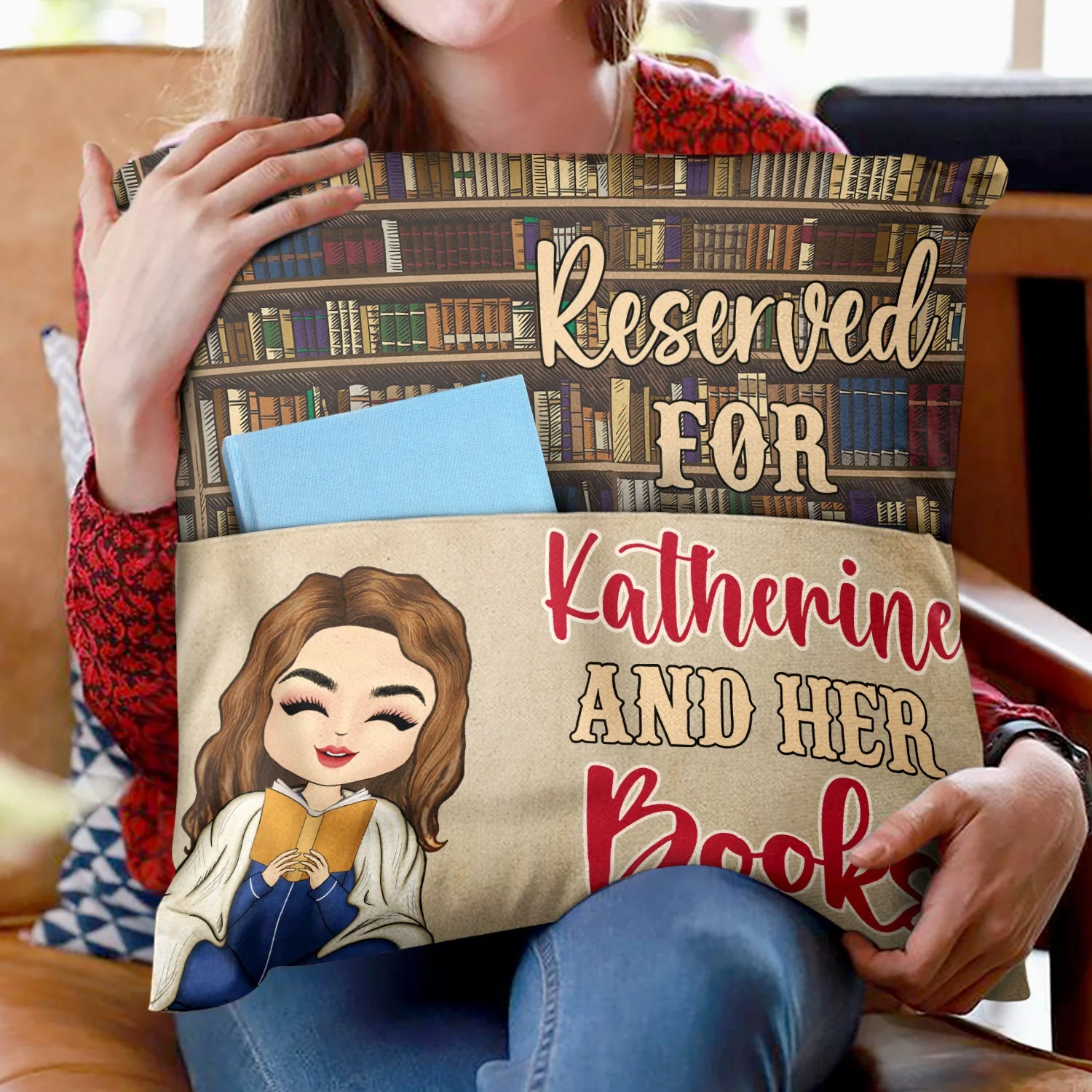 Reading Peeking Reserved For Me & My Books - Gift For Book Lovers - Personalized Pocket Pillow - Image 2