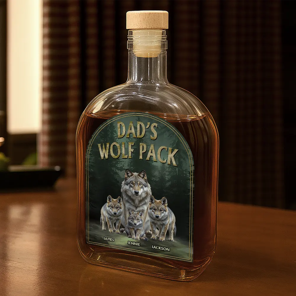 Realistic Art Papa Dad Wolf Pack - Personalized Whiskey Bottle - Image 2