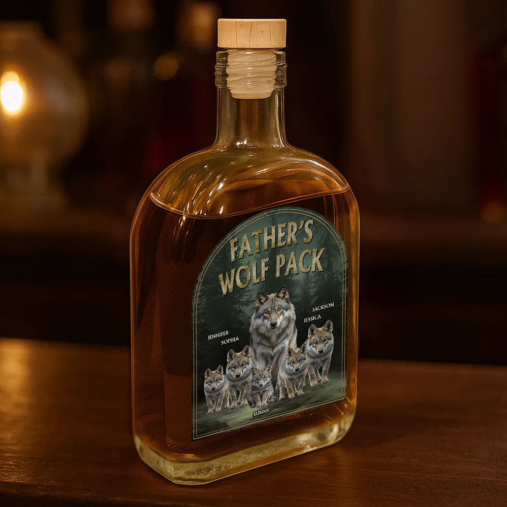 Realistic Art Papa Dad Wolf Pack - Personalized Whiskey Bottle - Image 3